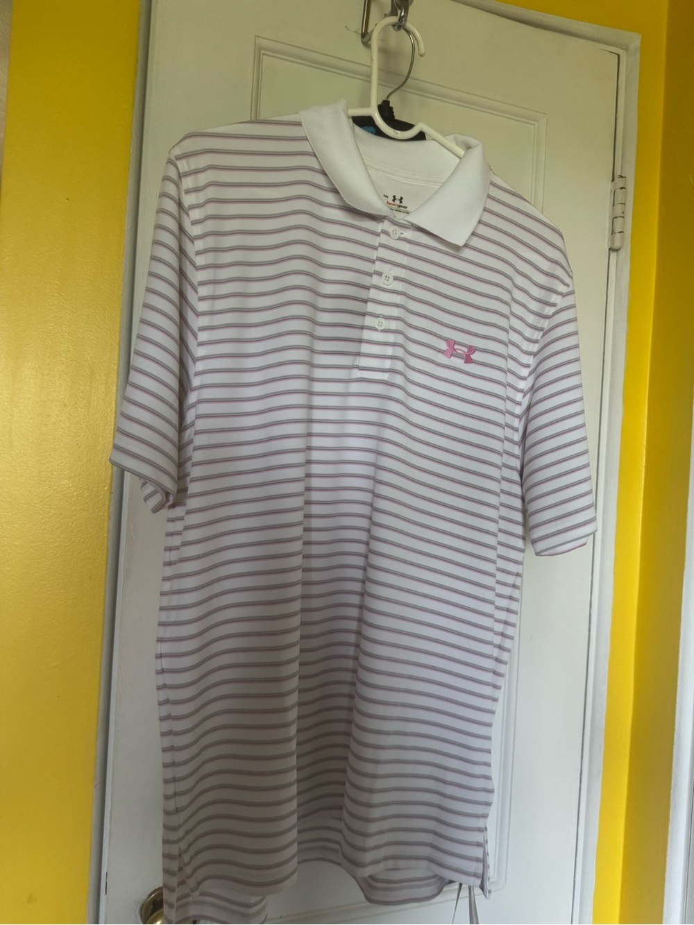 Under Armour Men’s White Polo with Pink Stripes
